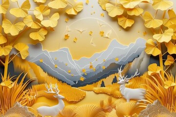 Three-dimensional wall mural featuring golden ginko leaves, mountains, and deer on a bright backdrop. Ideal for wall framing. Generative AI