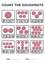 Printable worksheet Number count doughnut or donuts for Kindergarten and Preschool, Printing size A4