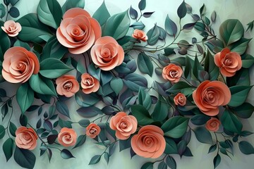 Roses surrounded by leaves and flowers, illustration background. 3d abstraction wallpaper for interior mural wall art decor. Generative AI