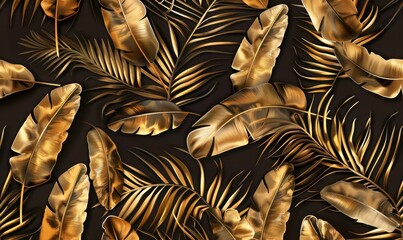 Exotic seamless pattern with dark golden banana leaves palm leaves vintage hand drawn 3d illustration good for production wallpapers cloth fabric printing mural shiny background, Generative AI