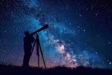 silhouette of a man observing stars using a telescope with a galaxy background