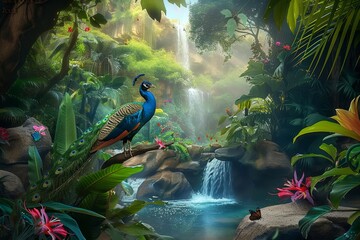 Beautiful Nature Scenery Travel Lovely Place Background with Tropical Leaves, Flowers, Forest Trees, Park, Waterfall, Butterfly and Peacocks. 3d Interior Mural Home Living Room, Generative AI