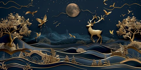 A gold deer in a field with trees and the moon in the background.3d Modern Interior Mural Wall Art Wallpaper With  deer birds and waves of gold on a dark blue background, Generative AI