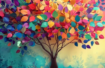 a 3D abstract wallpaper design that features a colorful tree with hanging branches and multicolored leaves, perfect for interior mural wall art decor, Generative AI