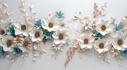 Fototapeta na wymiar 3d mural illustration flowers white background , wallpaper, Generative AI