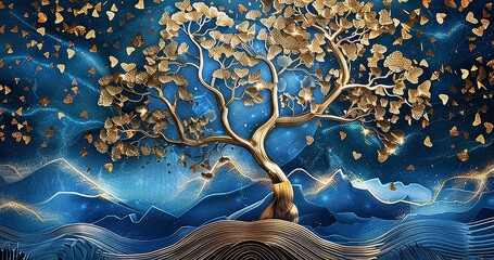 3d modern art mural wallpaper with blue night landscape with dark mountains, giant golden tree and gold waves, Generative AI