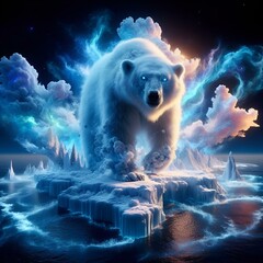 AI generated illustration of a massive polar bear amidst fluffy clouds - obrazy, fototapety, plakaty