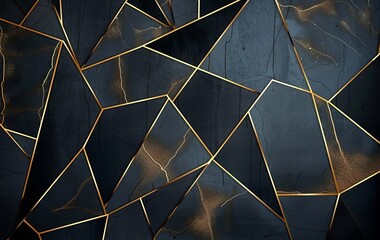 Contemporary mural wallpaper with geometric patterns, featuring golden lines on a dark background. Ideal for interior wall decor at home. Generative AI