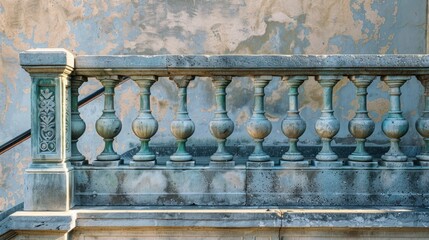 Ancient railing on the balcony and a marble stairs on a summer afternoon
