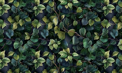 botanical seamless pattern green ivy leaves dark foliage floral tropical 3d illustration hand drawn watercolor drawing stylish luxury background wallpapers cloth paper mural fabric, Generative AI