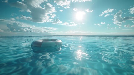 A white inflatable ring floats on the surface of a pool