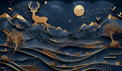 3d modern art mural wallpaper with dark blue and golden wave background. mountains, golden deer and birds. gold on a dark blue backdrop background, Generative AI