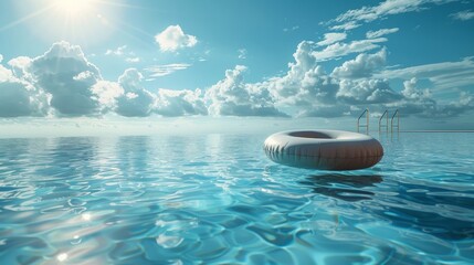 A white inflatable ring floats on the surface of a pool - obrazy, fototapety, plakaty