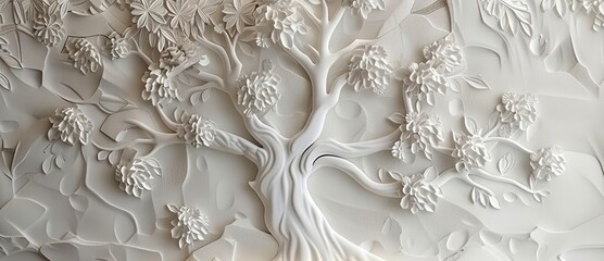 3D relief white tree wallpaper mural wall, Generative AI