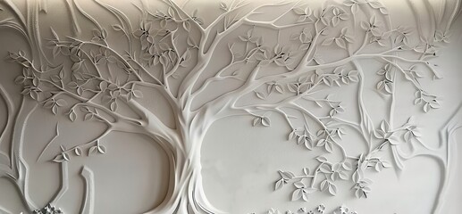 3D relief white tree wallpaper mural wall, Generative AI