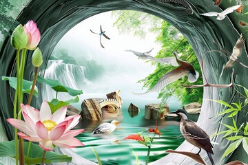 3d tunnel. Illustration with birds, fish and a stream. 3d wallpaper on the wall. 3d image, Generative AI