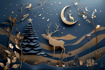 Modern 3D mural wallpaper of jungle with blue background, gold deer, black Christmas tree, moon, and white birds. Perfect as wall frame. Generative AI