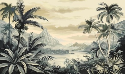 Tropical Exotic Landscape Wallpaper. Hand Drawn Design. Luxury Wall Mural, Generative AI