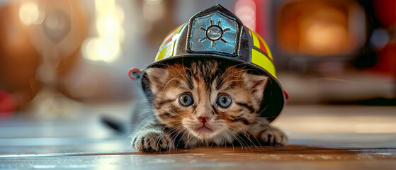 A kitten wearing a tiny firefighter helmet