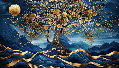 3d modern art mural wallpaper with blue night landscape with dark mountains, giant golden tree and gold waves, Generative AI - obrazy, fototapety, plakaty