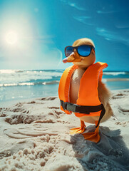 Duck wearing a small life jacket as a lifeguard