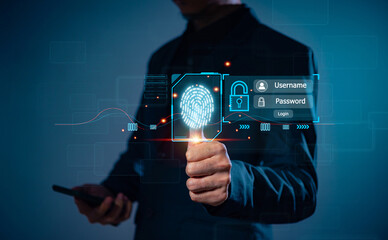 Cyber security concept Fingerprint scanning prevents access, security and identity of big data businesses. Future technology security and cybernetics in internet, banking and cloud computing.