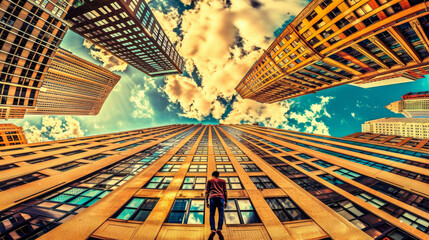 A man stands on a ledge of a tall building, looking out over the city - obrazy, fototapety, plakaty