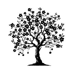 Obraz premium Night's Blossom: Black Vector Cherry Tree Silhouette, Nature's Beauty Unveiled Under Moon's Gaze- Cherry Tree Illustration-Cherry Tree Vector Stock.