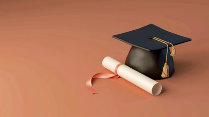3D render clay style of a graduation cap and diploma