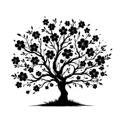 Night's Blossom: Black Vector Cherry Tree Silhouette, Nature's Beauty Unveiled Under Moon's Gaze- Cherry Tree Illustration-Cherry Tree Vector Stock.