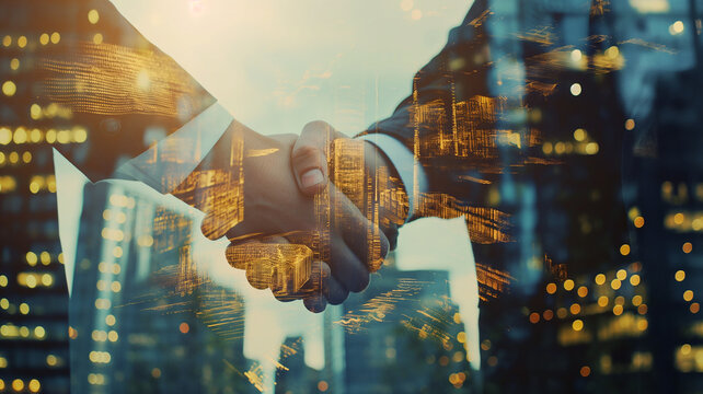 businessman hand shake double exposure