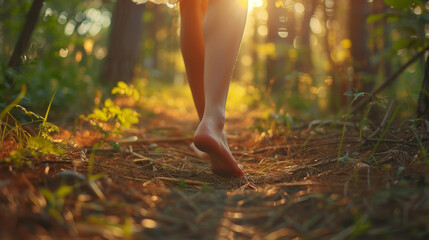 Woman feet walking barefoot in the forest - Powered by Adobe