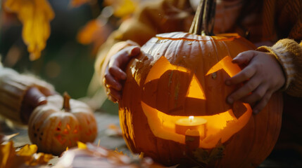 Kid pumpkin carving for Halloween