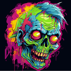 Psychedelic zombie skull design tshirt design vector