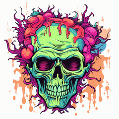 Psychedelic zombie skull design tshirt design vector