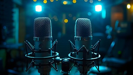 Two microphones in a dark room for podcast or interview wide banner. Concept Podcast Setup, Interview Scene, Dark Room, Two Microphones, Wide Banner - obrazy, fototapety, plakaty