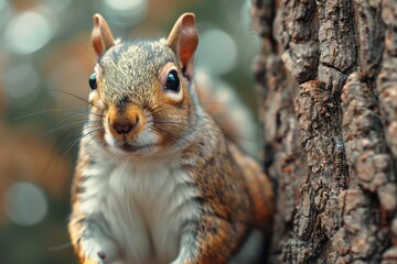 A funny curious squirrel in a city park looks straight into the camera. Close-up portrait. Amidst the urban chaos, a squirrel's innocence shines through its direct gaze.