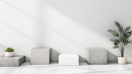 multiple pedestals in a studio, minimalist decor, straight line, product photography, white...