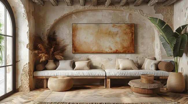 An empty rectangle frame mockup in beige color, placed on the wall of a luxurious modern hallway with arches and stone walls.