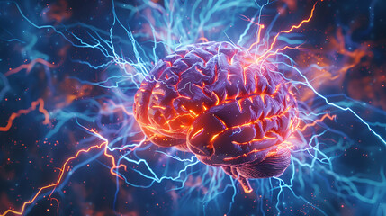 Human brain digital illustration. Electrical activity, generative ai