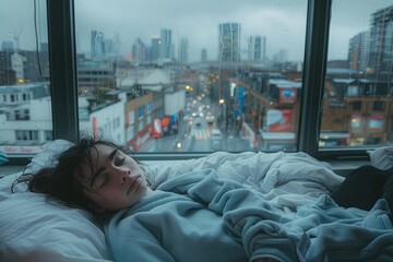 Young woman sleeping in bed by window overlooking city street below - Powered by Adobe