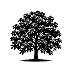 : Black Vector Chestnut Tree Silhouette, Nature's Watchful Sentry Amidst Evening's Embrace- Chestnut Illustration- Chestnut Vector Stock.