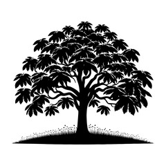 : Black Vector Chestnut Tree Silhouette, Nature's Watchful Sentry Amidst Evening's Embrace- Chestnut Illustration- Chestnut Vector Stock.