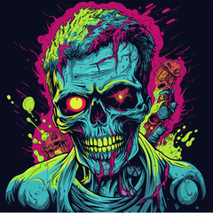 Psychedelic zombie skull design tshirt design vector