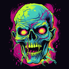Psychedelic zombie skull design tshirt design vector