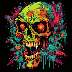 Psychedelic zombie skull design tshirt design vector