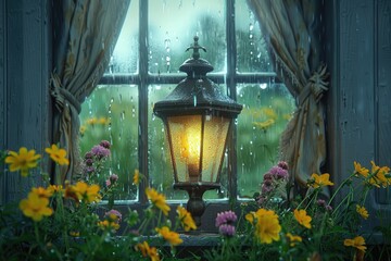 Retro Styled Lantern by a Rainy Window Overlooking Colorful Flowers