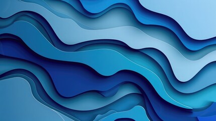 Abstract blue paper cut background with simple shapes. Modern raster illustration for concept design. Realistic 3d layered smooth bending objects, Abstract blue background, with sinuous lines, waves

