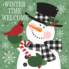 Christmas card design with cute snowman, candy cane and red robin