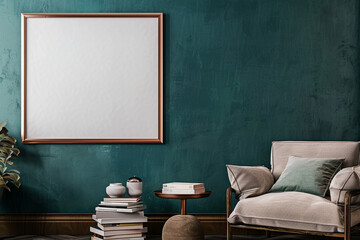 A cozy, Scandinavian-style corner with a dark teal wall, showcasing a copper frame mockup poster. The space is complemented by a plush armchair, a stack of design books, and a small, round side table.